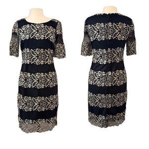ANTONIO MELANI Sz 6 Black and Cream Lace Sheath Knee Length Dress Short Sleeve